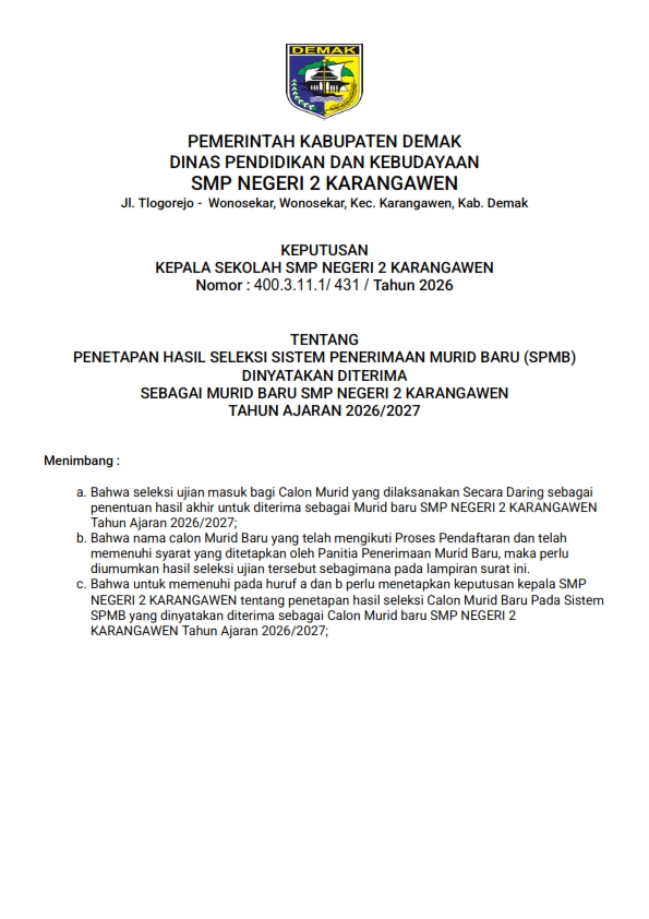 Pengumuman SPMB SMPN 2 Karangawen yang diterima Tahun Ajaran 2026/2027